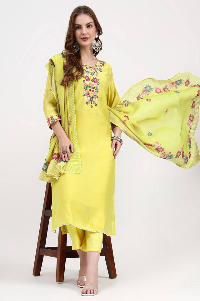 Yellow Embroidered Silk Straight Cut Suit Set