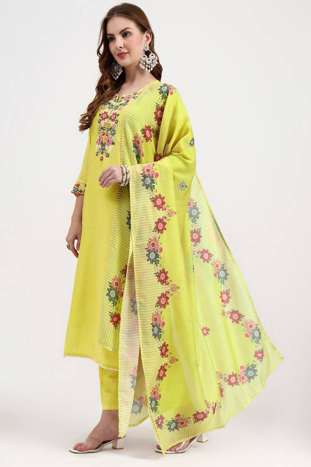 Yellow Embroidered Silk Straight Cut Suit Set