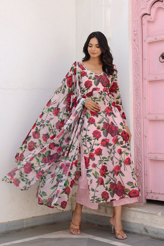 Pink Floral Printed Chiffon Kurti Pant Set (118rose)