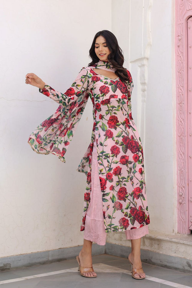 Pink Floral Printed Chiffon Kurti Pant Set (118rose)