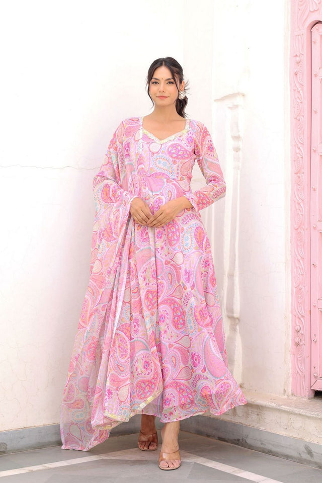 Pink Ethnic Motifs Printed Chiffon Anarkali Suit (120paisley)