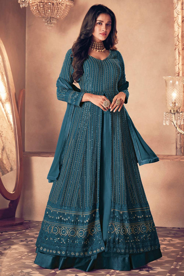 Turquoise Sequin with Embroidered Georgette Gown