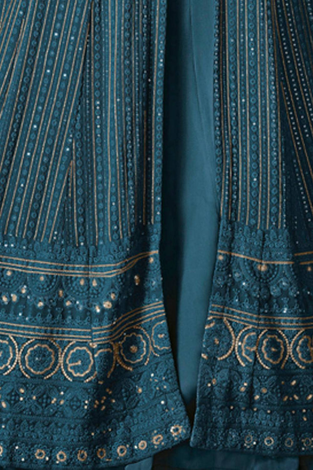 Turquoise Sequin with Embroidered Georgette Gown
