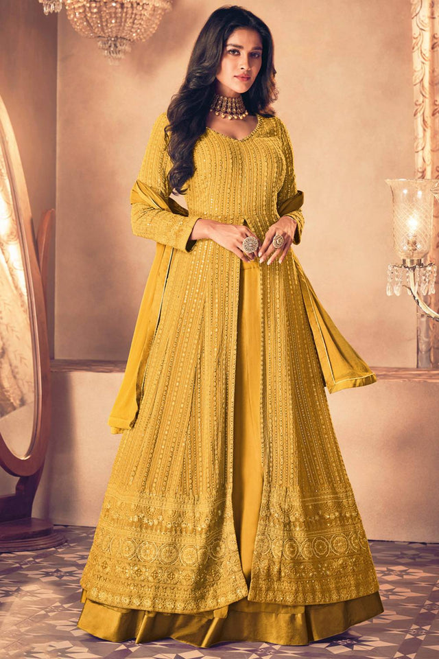 Yellow Sequin with Embroidered Georgette Gown