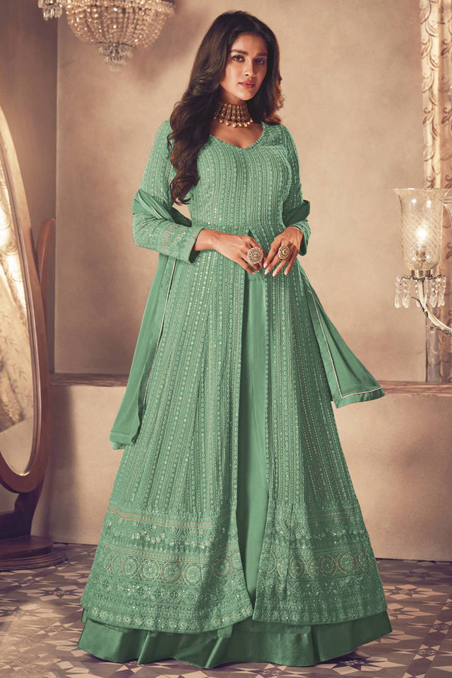 Sea Green Sequin with Embroidered Georgette Gown