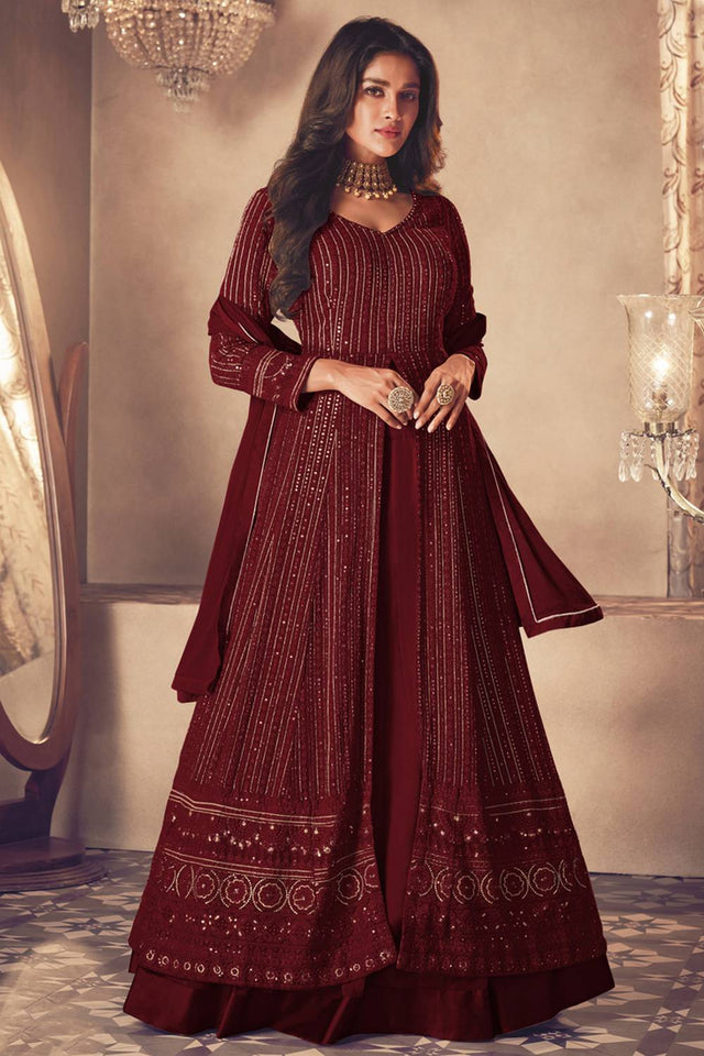 Maroon Sequin with Embroidered Georgette Gown