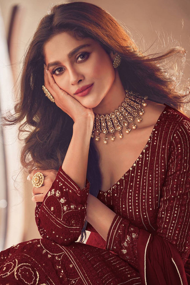 Maroon Sequin with Embroidered Georgette Gown