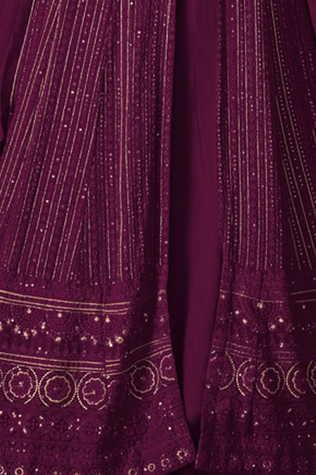 Wine Sequin with Embroidered Georgette Gown