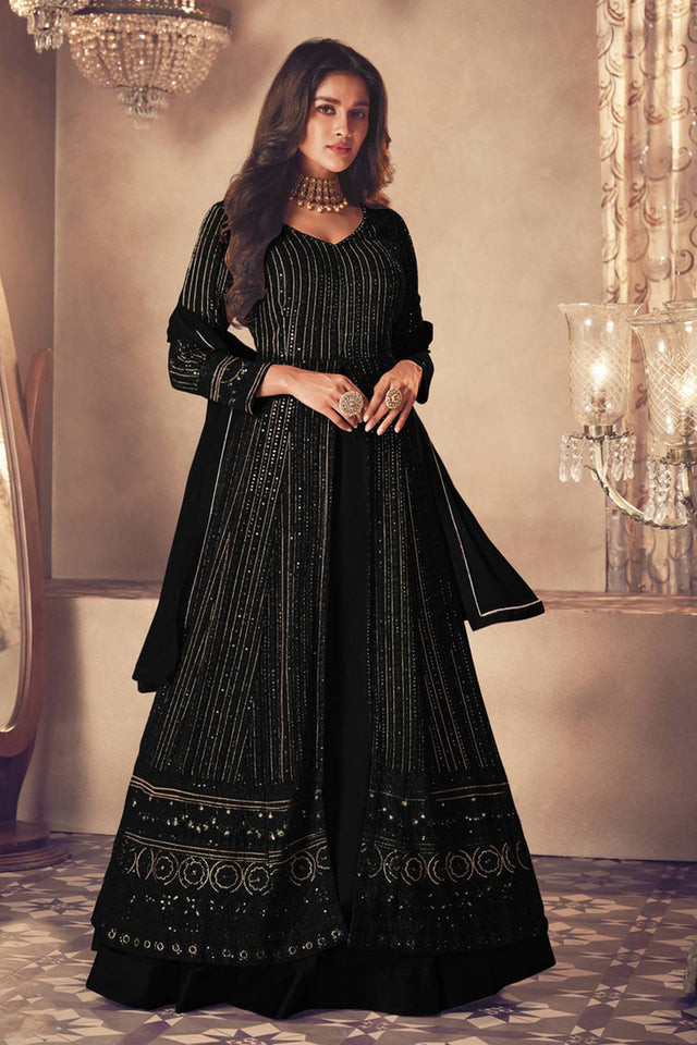 Black Sequin with Embroidered Georgette Gown