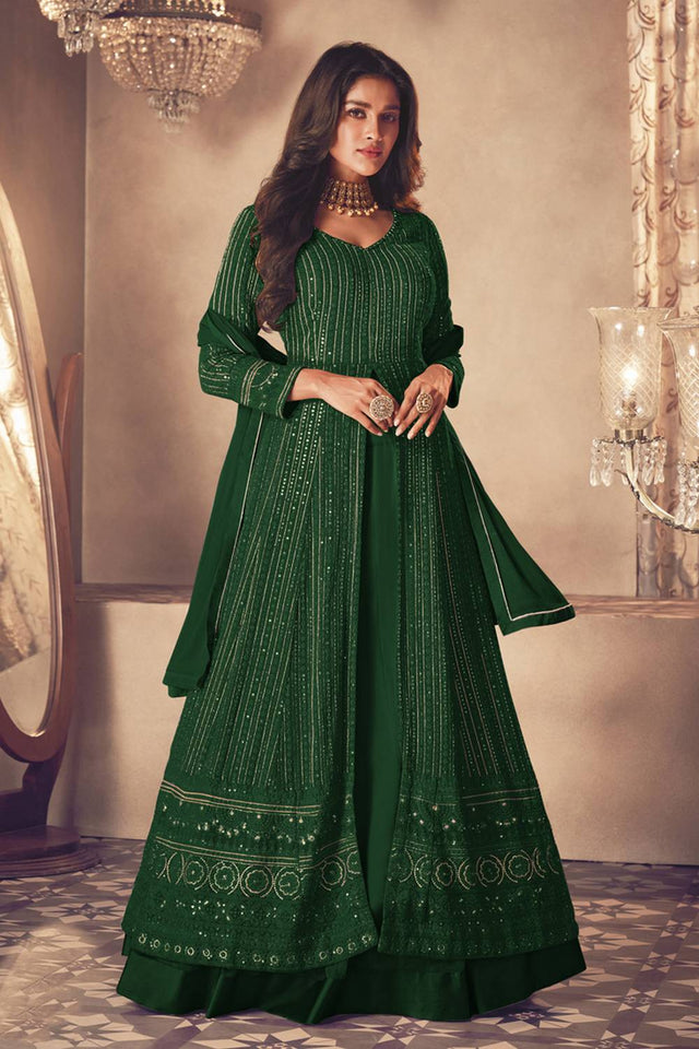 Green Sequin with Embroidered Georgette Gown
