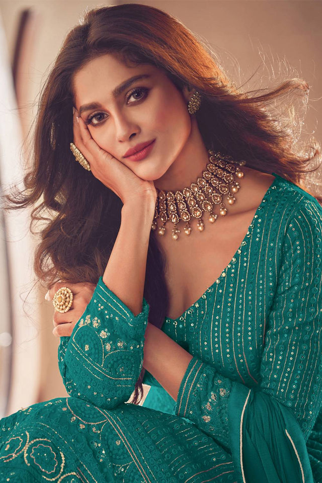 Turquoise Sequin with Embroidered Georgette Gown