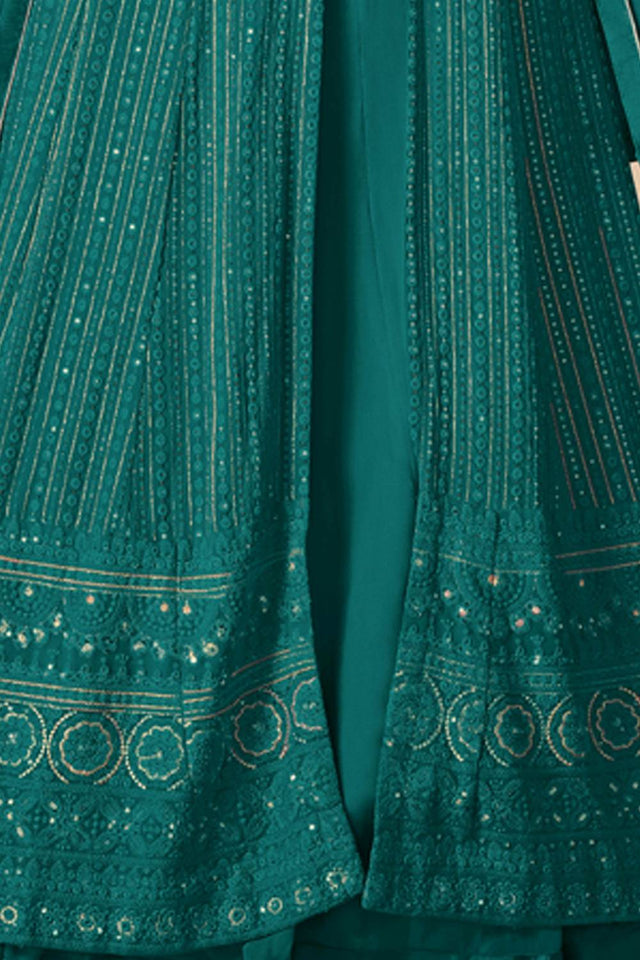 Turquoise Sequin with Embroidered Georgette Gown