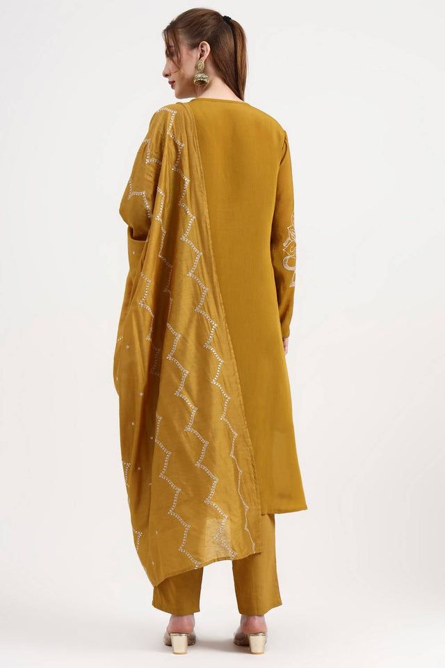 Mustard Embroidered Silk Straight Cut Suit Set