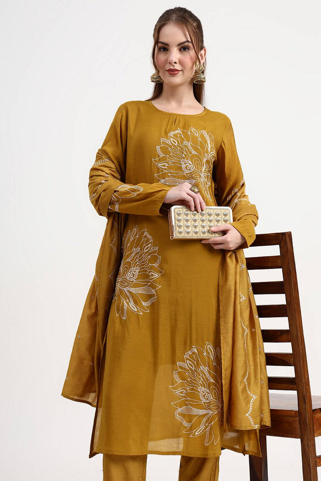 Mustard Embroidered Silk Straight Cut Suit Set