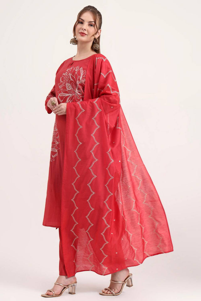 Red Embroidered Silk Straight Cut Suit Set