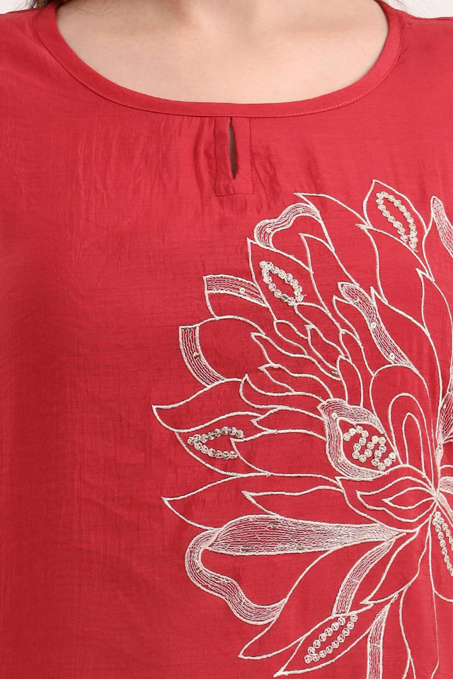 Red Embroidered Silk Straight Cut Suit Set