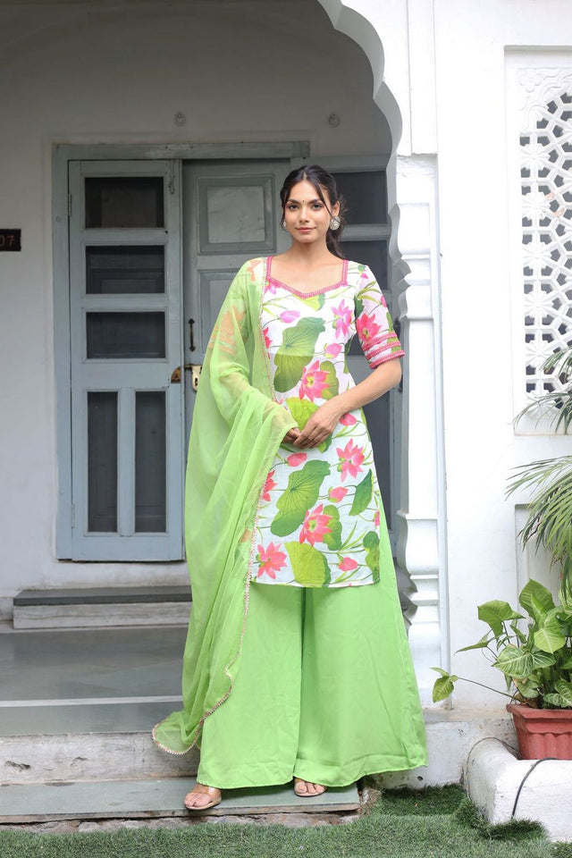 White Floral Printed Chiffon Kurti Palazzo Set (123shortgreen)