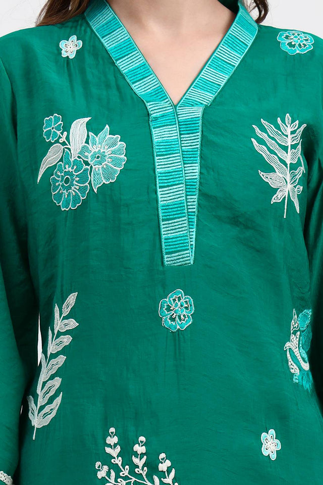 Green Embroidered Silk Straight Cut Suit Set