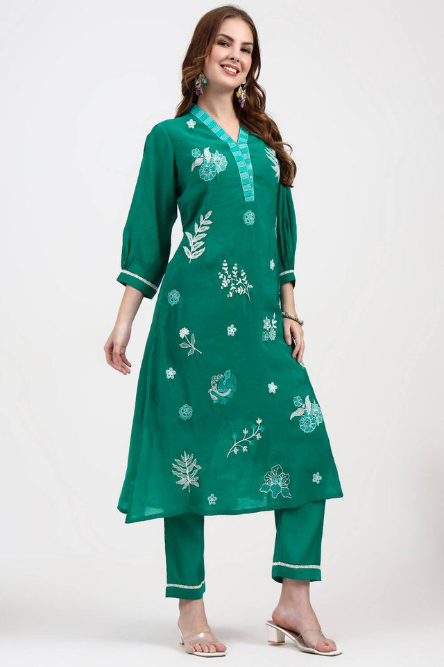 Green Embroidered Silk Straight Cut Suit Set