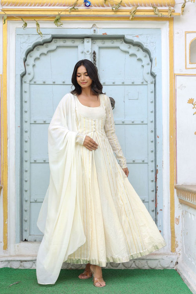 White Striped Cotton Anarkali Suit (126stripegown)
