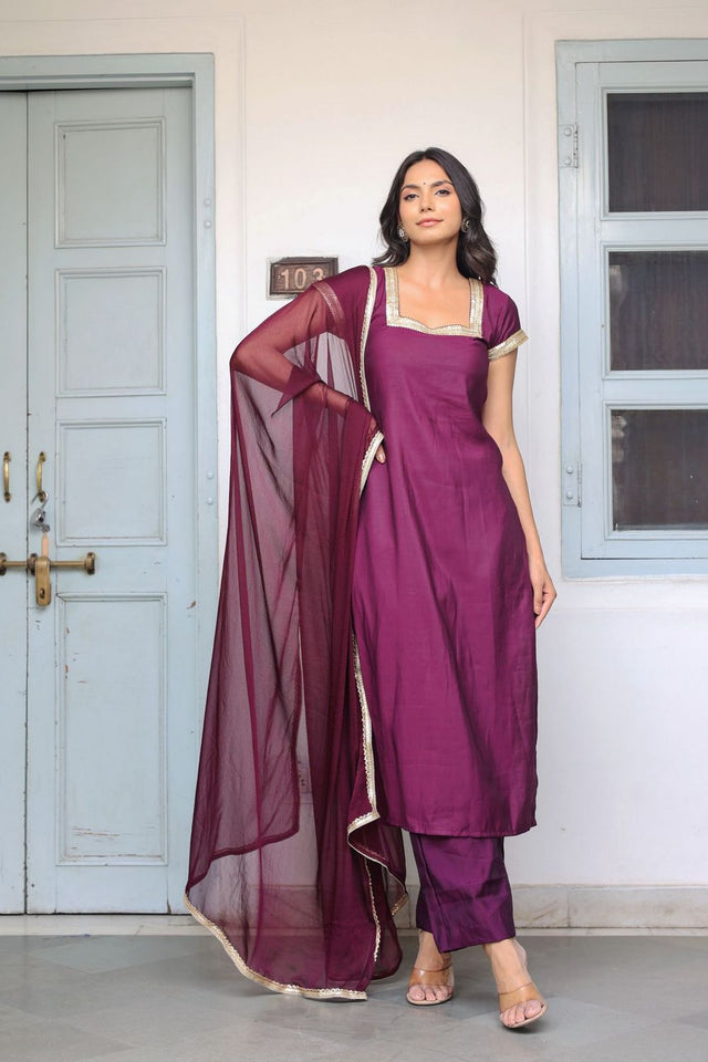 Wine Solid Muslin Kurti Pant Set (127winemuslin)