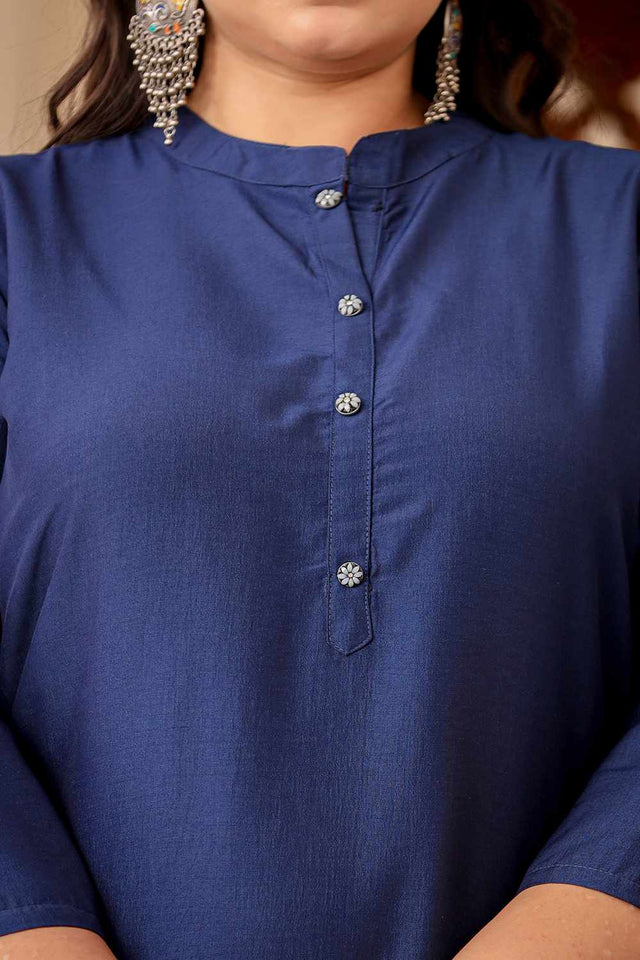 Blue Solid Silk Long Kurti