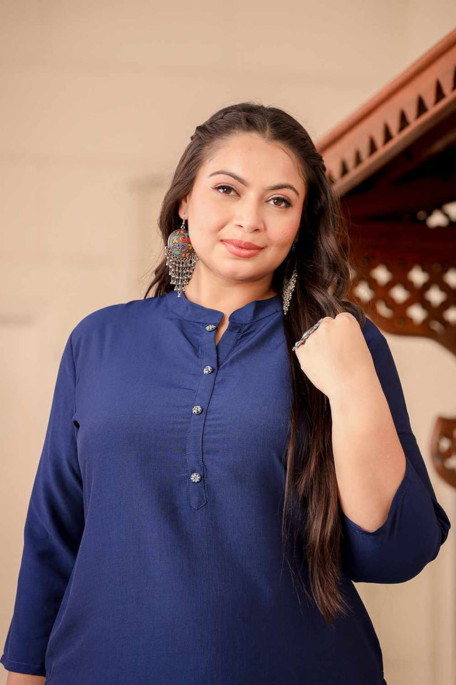 Blue Solid Silk Long Kurti