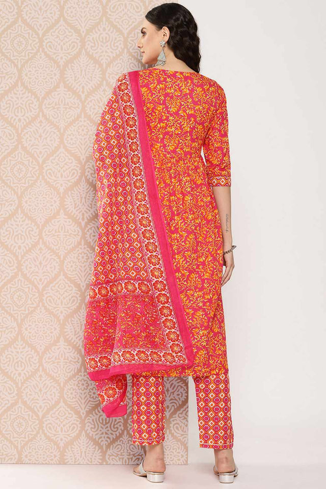 Pink Printed Cotton Kurti Pant Set