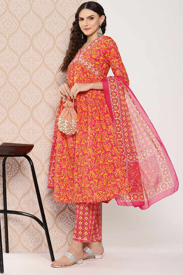 Pink Printed Cotton Kurti Pant Set