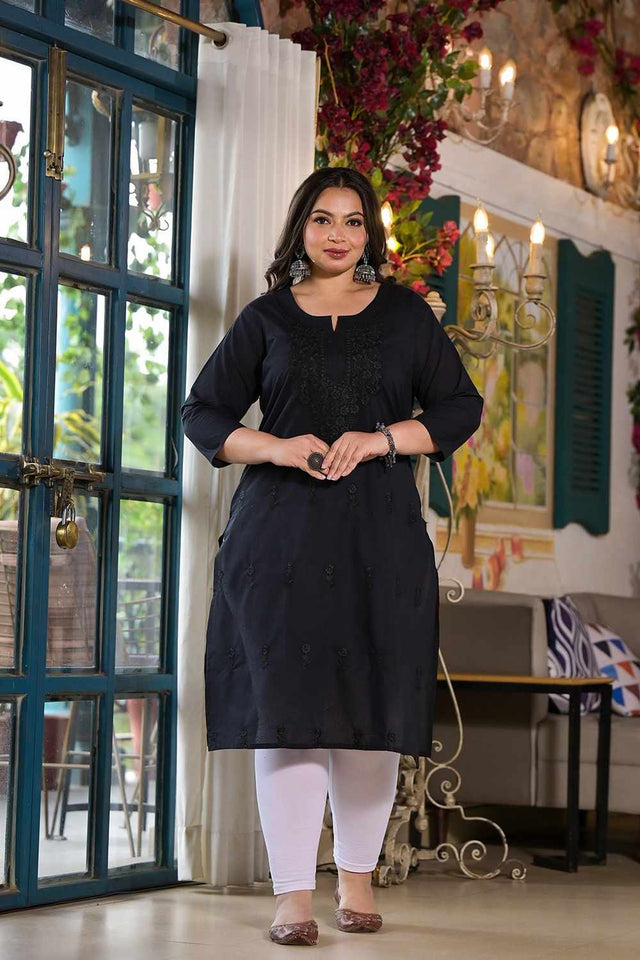 Black Chikankari Cotton Long Kurti