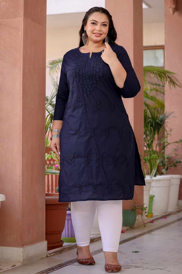 Blue Chikankari Cotton Long Kurti