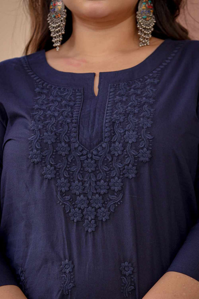 Blue Chikankari Cotton Long Kurti