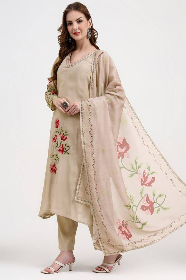 Beige Embroidered Silk Straight Cut Suit Set