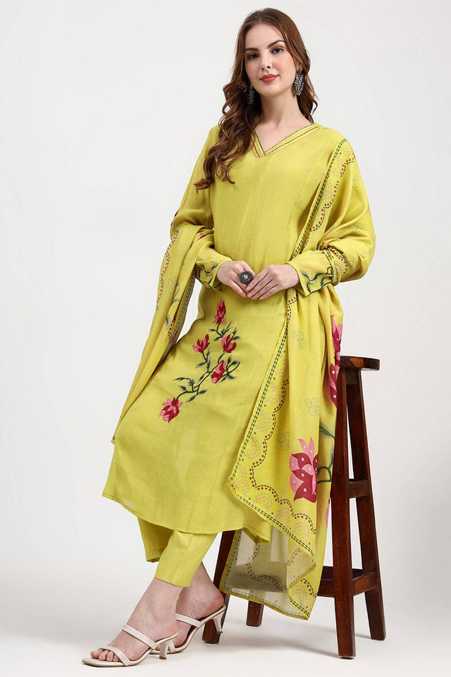 Yellow Embroidered Silk Straight Cut Suit Set