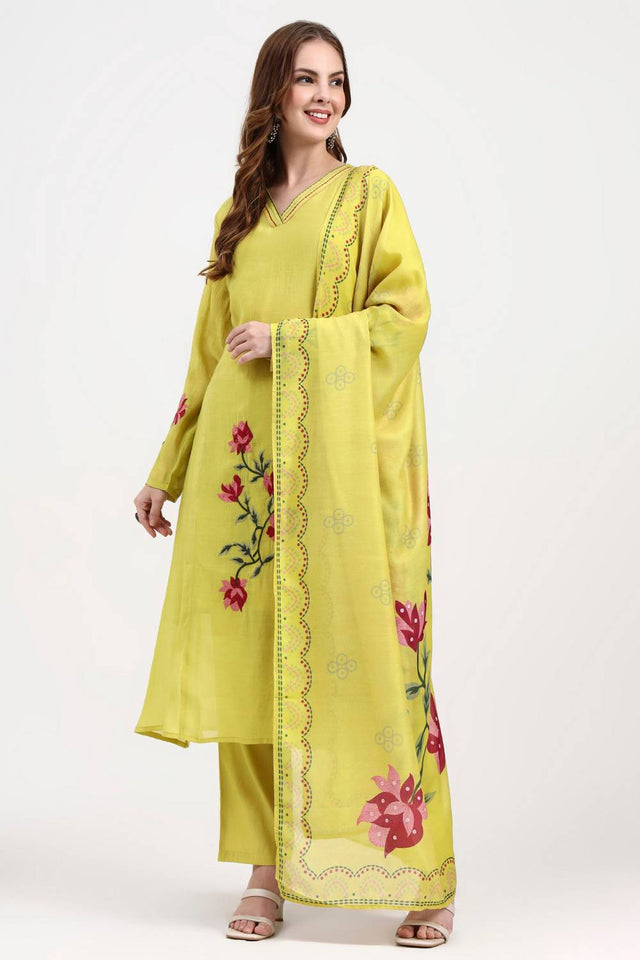 Yellow Embroidered Silk Straight Cut Suit Set