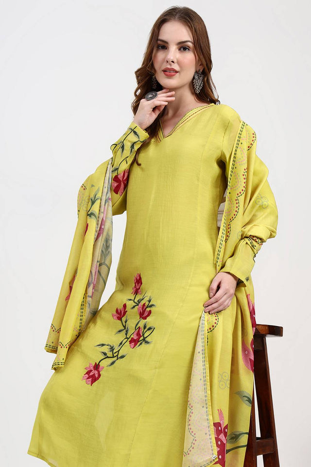 Yellow Embroidered Silk Straight Cut Suit Set