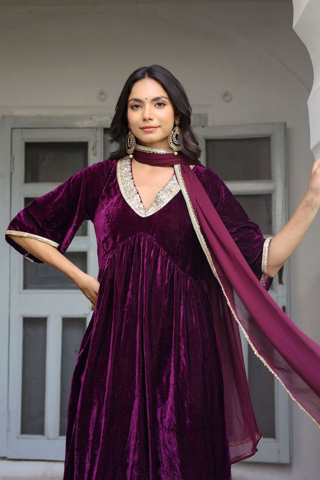 Wine Solid Velvet Anarkali Suit (128winevelvet)