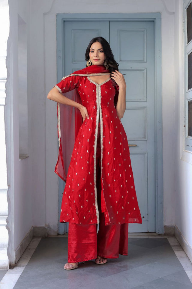 Red Embroidered Chinon Kurti Pant Set (130red embroidered)