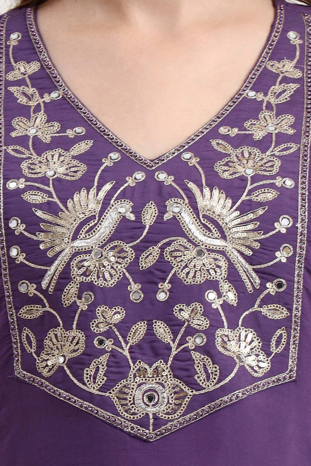 Violet Embroidered Silk Palazzo Suit Set