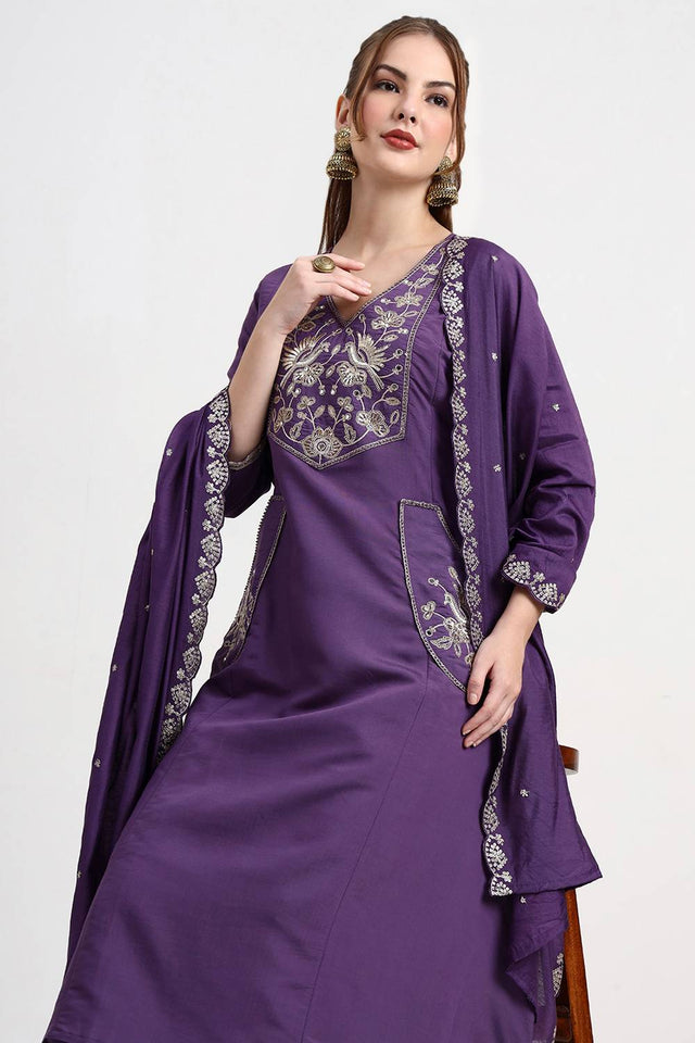 Violet Embroidered Silk Palazzo Suit Set