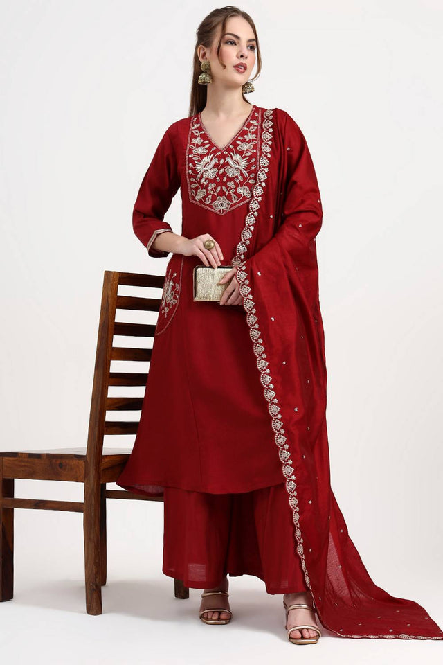 Maroon Embroidered Silk Palazzo Suit Set