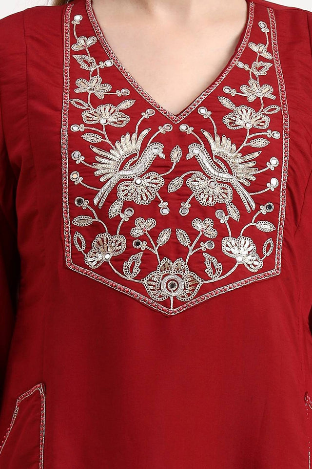 Maroon Embroidered Silk Palazzo Suit Set