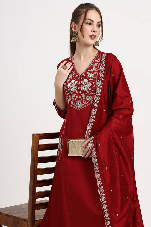 Maroon Embroidered Silk Palazzo Suit Set