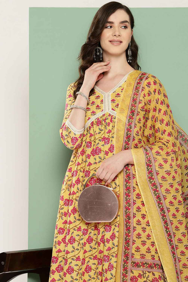 Yellow Floral Print Thread Work Pure Cotton Kurti Pant Set