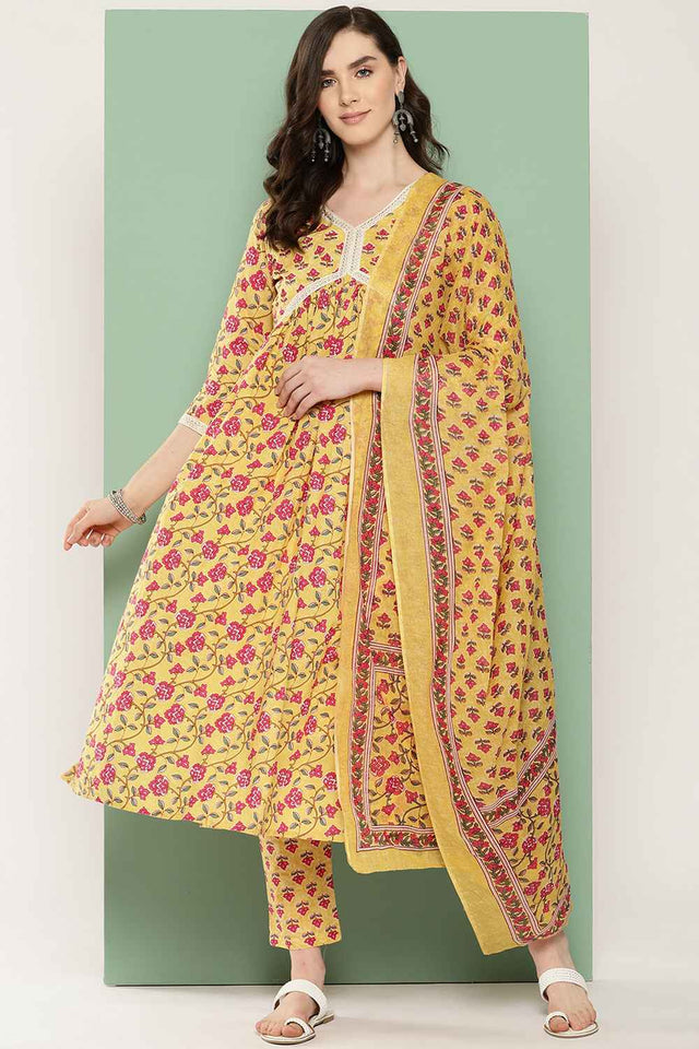Yellow Floral Print Thread Work Pure Cotton Kurti Pant Set