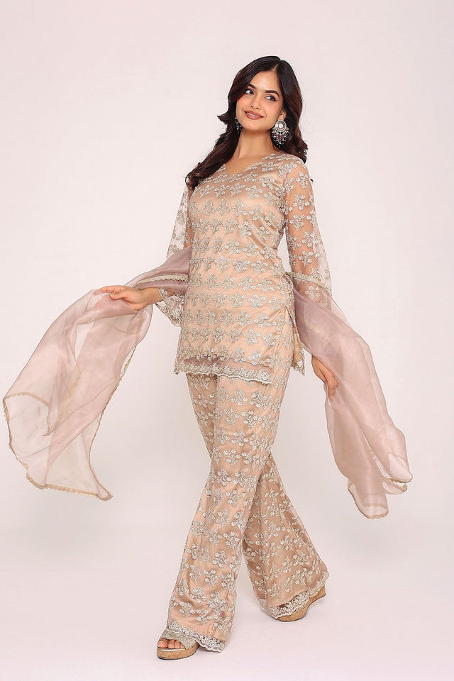 Beige Floral Embroidered Net Kurti Pant Set (134Beige)