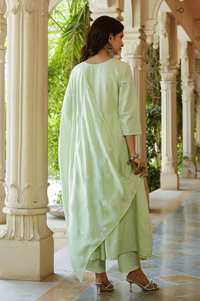 Green Solid Embroidered Silk Kurti Pant Set