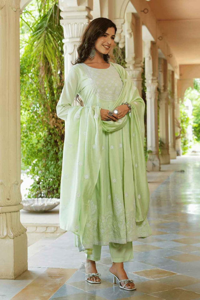 Green Solid Embroidered Silk Kurti Pant Set