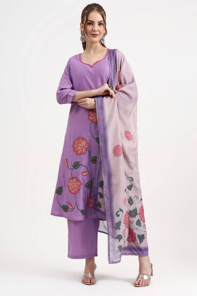 Lavender Embroidered Silk Straight Cut Suit Set