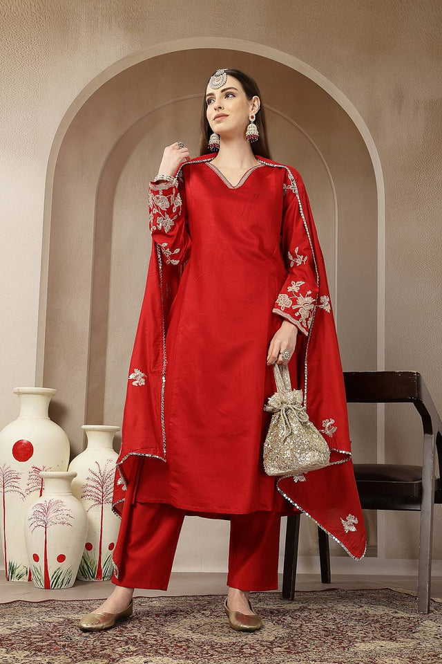 Red Embroidered Silk blend Anarkali Suit Set